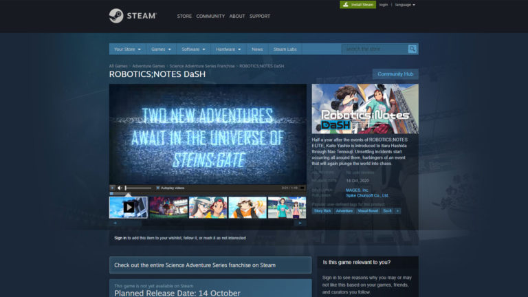 Read more about the article Robotics;Notes DaSH Steam page is now up